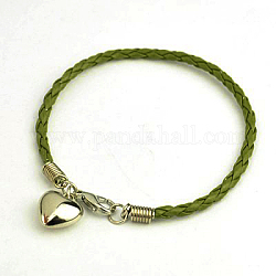 PU Leather Braided Charm Bracelets, with CCB Plastic Pendants and Alloy Lobster Claw Clasps, Dark Olive Green, 180mm