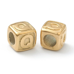 Perles européennes en 304 acier inoxydable, Perles avec un grand trou   , trou horizontal, cube avec la lettre, or, letter.q, 8x8x8mm, Trou: 4mm