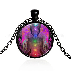 Collier pendentif en verre humain thème chakra yoga, bijoux en alliage pour femmes, électrophorèse noir, 15.75 pouce ~ 19.72 pouces (40~50.1 cm)