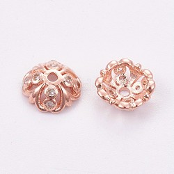 Laiton perles caps, avec zircons, Plaqué longue durée, or rose, 8x3mm, Trou: 1.2mm