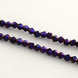 Abalorios de vidrio electrochapdo, arco iris chapado, bicono facetados, púrpura chapado, 4x4.5mm, agujero: 1 mm, aproximamente 92~96 pcs / cadena, 13.78~14.37 pulgada