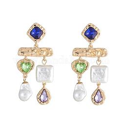 Boucles d'oreilles imitant perles et verre coeur et lustre en forme de larme, bijoux en alliage d'or, or, 65x28mm, pin: 0.65 mm