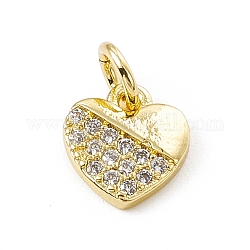 Dijes de corazón de circonita cúbica transparente con micro pavé de latón, con anillos de salto abiertos, real 18k chapado en oro, 8.5x7.5x1.5mm, anillo de salto: 4.5x0.7 mm, diámetro interior: 3 mm