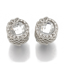 Perles de strass en alliage, creux, Perles avec un grand trou   , rond et plat avec cœur à cœur, platine, cristal, 12x16mm, Trou: 5.5mm