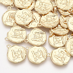 Brass Pendants, Flat Round with Constellations, Real 18K Gold Plated, Aquarius, 16x14x1~1.5mm, Hole: 1mm