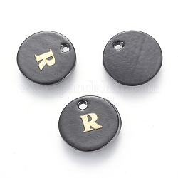 Freshwater Shell Charms, with Gold Blocking Letter, Dyed, Flat Round, Black, Letter.R, 11x1.5mm, Hole: 1.5mm