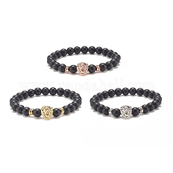3pcs 3 bracelets extensibles en perles rondes en pierre noire synthétique de couleur sertie de lion en laiton, bijoux en pierres précieuses pour femmes, couleur mixte, diamètre intérieur: 2-1/8 pouce (5.5 cm), 1 pc / couleur