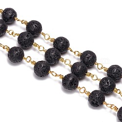 3.28 Fuß handgefertigte natürliche Lavagestein Perlenketten, ungeschweißte, mit Messing-Zubehör, Runde, golden, 8.5 mm