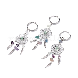 Natural Chip Fluorite & Green Aventurine Keychain, with Tibetan Style Pendants and 316 Surgical Stainless Steel Key Ring, Woven Net/Web with Feather, 107mm, Pendant: 82x28x7mm