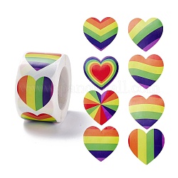 Colorful Paper Gift Tag Stickers, with Rainbow Strip Adhesive Labels Roll Stickers, for Party, Decorative Presents, Heart Pattern, 3.6x3.8x0.01cm