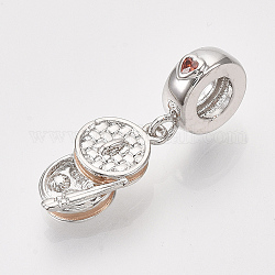 Brass Micro Pave Cubic Zirconia European Dangle Charms, Large Hole Pendants, with Navajo White Enamel, Steamed Buns, Real Platinum Plated, 25mm, Hole: 4.5mm, Steamed Buns: 15x8x4mm