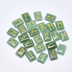 Cabochons naturales aventurina verde, rectángulo con runas / futhark / futhorc, 20x15x6mm, 25 PC / sistema