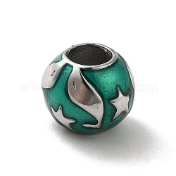 Perles européennes émaillées en 304 acier inoxydable, Perles avec un grand trou   , rondelle avec motif dauphin et étoile de mer, couleur inoxydable, 10.5x9.5mm, Trou: 5mm