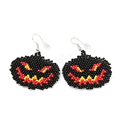 Orecchini pendenti jack-o-lantern intrecciati con semi di vetro, orecchini di halloween avvolgenti in filo di lega per le donne, rosso, 51mm, ago :0.6mm