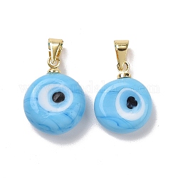 Handmade Lampwork Evil Eye Pendants, with Real 18K Gold Plated Brass Findings, Cadmium Free & Lead Free, Light Sky Blue, 15x12x5mm, Hole: 4.5x3.5mm