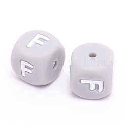 Perlas de silicona, cubo con letter.f, gris, 12x12x12mm, agujero: 2 mm