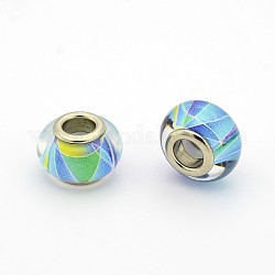 Handmade Polymer Clay Enamel Large Hole Rondelle European Beads, with Platinum Brass Double Cores, Light Sky Blue, 14x9mm, Hole: 5mm