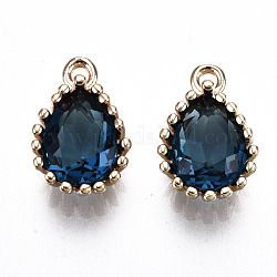 Glass Charms, with Brass Findings, Light Gold, Long-Lasting Plated, Cadmium Free & Lead Free, Teardrop, Prussian Blue, 12x7.5x4~5mm, Hole: 1.2mm