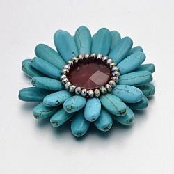 Teindre turquoise synthétique cabochons de fleurs, avec des yeux de chat, perles en verre plaquées et les accessoires de métal de couleur platine, turquoise foncé, 74x15mm