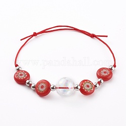 Adjustable Handmade Millefiori Glass Beaded Bracelets, with Glass Globe Beads, Nylon Thread and Brass Beads, Platinum, Red, Inner Diameter: 2 inch(5cm)