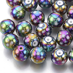 Perle di vetro placcate natalizie, tondo con il modello stella, multicolore placcato, 10mm, Foro: 1.2 mm