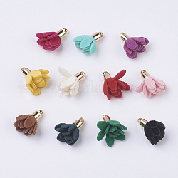 Cloth Flower Pendants Decoration, with Brass Findings, Lingt Gold, Mixed Color, 16~17x11~15mm, Hole: 1mm