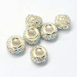 Aleación de vidrio rhinestone perlas europeas, Abalorios de grande agujero, rerondana plana, color plateado, crystal ab, 12.5x8mm, agujero: 5 mm