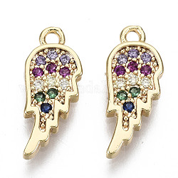 Brass Micro Cubic Zirconia Charms, Nickel Free, Real 18K Gold Plated, Wing, Colorful, 14.5x6x1.5mm, Hole: 1.2mm