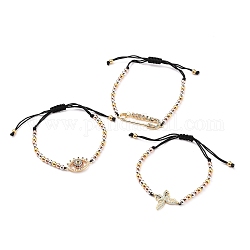 Einstellbare Nylonfaden geflochtene Perlen Armbänder Sets, mit runden Messingperlen und kubischen Zirkonoxidgliedern aus Messing, Schmetterlings- & Augen- & Sicherheitsnadelform, Mischfarbe, Innendurchmesser: 1-1/2~2-7/8 Zoll (3.7~7.2 cm), 3 Stück / Set