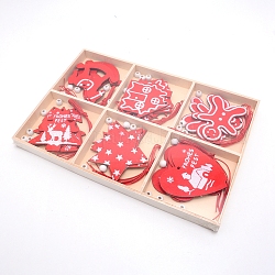 Decorazioni con ciondolo in legno a tema natalizio, rosso, 70~81x62.5~80x2mm, Foro: 3 mm