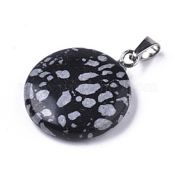 Synthetic Snowflake Obsidian Pendants, with Platinum Tone Brass Bails, Flat Round, 22~25x19~21x5~7mm, Hole: 3x6mm