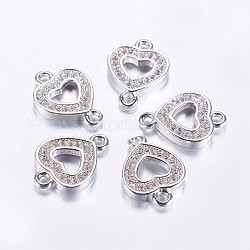Long-Lasting Plated Brass Micro Pave Cubic Zirconia Links, Clear, Hollow Heart, Real Platinum Plated, 14.5x10.5x2mm, Hole: 1.5mm