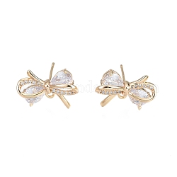 Brass Micro Pave Clear Cubic Zirconia Stud Earring Findings, with Horizontal Loops, Nickel Free, Bowknot, Real 18K Gold Plated, 12.5x17.5mm, Hole: 1.2mm, Pin: 0.8mm