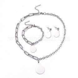 304 cadenas de clip de papel de acero inoxidable y conjuntos de joyas de cadena de cable, Pendientes colgantes y collares pendientes y pulseras con dijes, lágrima, color acero inoxidable, 18-3/4 pulgada (47.7 cm), 8 pulgada (20.3 cm), 33.5mm, pin: 0.6 mm