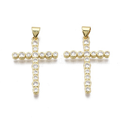 Brass Micro Pave Clear Cubic Zirconia Pendants, Nickel Free, Cross, Real 18K Gold Plated, 30x21x2.5mm, Hole: 3mm