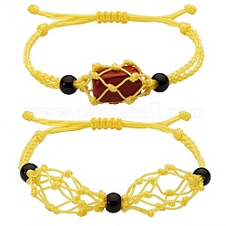 Регулируемый плетеный нейлоновый шнур макраме мешочек изготовление браслета, со стеклянными бусинами, желтые, внутренний диаметр: 1-7/8~3-1/4 дюйм (4.7~8.4 см), 2 стили, 1шт / стиль, 2 шт / комплект