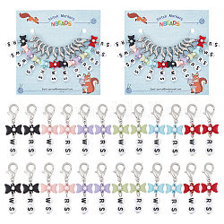 Acrylic Beaded Word RS/WS Pendant Locking Stitch Markers with Alloy Bowknot, Right Side/Wrong Side 304 Stainless Steel Clasps Stitch Marker, Mixed Color, 4.4cm, 12 style, 1pc/style, 12pcs/set