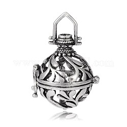 Tibetan Style Hollow Round Round with Leaf Brass Cage Pendants, For Chime Ball Pendant Necklaces Making, Antique Silver, 34x25x21mm, Hole: 6x6mm, Inner 
Diameter: 18mm