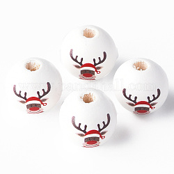 Painted Natural Wood Beads, Christmas Style, Round with Elk, Red, 16x15mm, Hole: 4mm