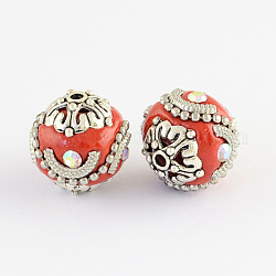 Round Handmade Indonesia Beads, with Rhinestones and Alloy Cores, Antique Silver, Red, 16~17x16~17mm, Hole: 1.5mm