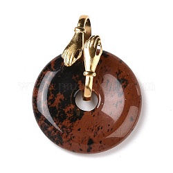 Acajou naturel pendentifs en obsidienne, avec placage ionique (ip) doré accessoires en 304 acier inoxydable, breloque main avec beignet/disque pi, 33.5x30x12mm, Trou: 13.5x6mm