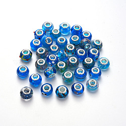 Handgemachte glasperlen murano glas großlochperlen, großes Loch Rondell Perlen, mit Platin-Ton Messing Doppeladern, Mischungsmusters, Verdeck blau, 14~16x9~10 mm, Bohrung: 5 mm