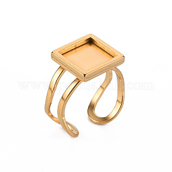 201 Stainless Steel Cuff Pad Ring Settings, Laser Cut, Square, Golden, Tray: 10x10mm, US Size 7 1/4(17.5)~US Size 8(18mm)