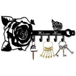 Iron Wall Mounted Hook Hangers, 5-Hook Decorative Organizer Rack, for Bag Clothes Key Scarf Hanging Holder, Rose Flower, 130x270mm, Hole: 5mm