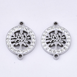 201 Stainless Steel Links connectors, with Polymer Clay Crystal Rhinestone, Flat Round with Tree of Life, Stainless Steel Color, 20x15x2.5mm, Hole: 1.6mm