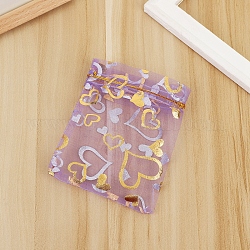 Sacs-cadeaux rectangulaires en organza avec cordon, pochettes en forme de cœur estampées à l'or pour le rangement des cadeaux de fête de mariage, orchidée, 12x9 cm