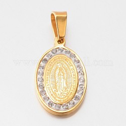 304 ovale plat en acier inoxydable avec pendentifs de religion Vierge Marie, avec des strass, or, 21x13x2.5mm, Trou: 4x6mm