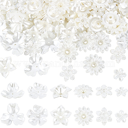 NBEADS About 120 Pcs Flower Bead Caps, 6 Styles Opaque ABS Plastic Imitation Pearl Flower Beads White Flower Imitation Pearl Bead Caps Floral End Caps for DIY Necklace Earrings Jewelry Making