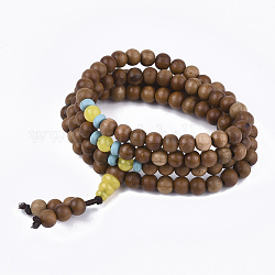 Bijoux de style bouddhiste enroulés 4-boucle, bracelets de mala en bois de pêche, avec des perles en agate, Bracelets élastiques, ronde, Pérou, 25.5 pouce (65 cm)