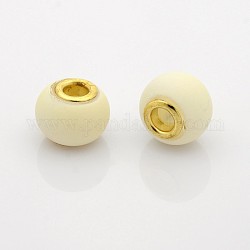 Frosted Spray Painted Glass European Beads, Large Hole Rondelle Beads, with Golden Tone Brass Cores, Beige, 14~14.5x11mm, Hole: 5mm